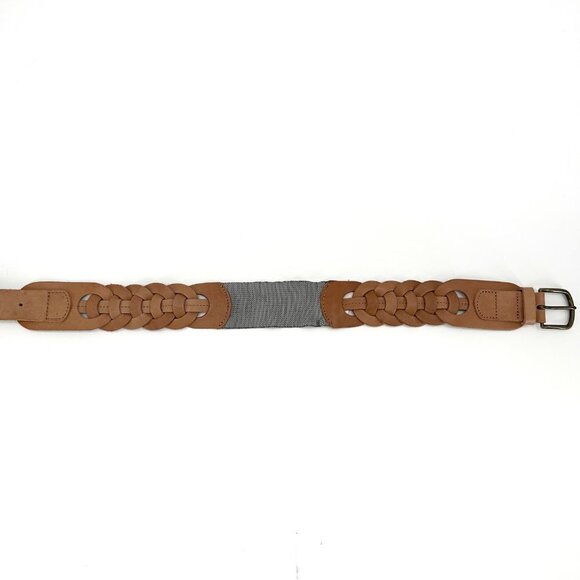Boho Brown Leather Woven Elastic Panel Small Adjustable Belt - Picture 4 of 5